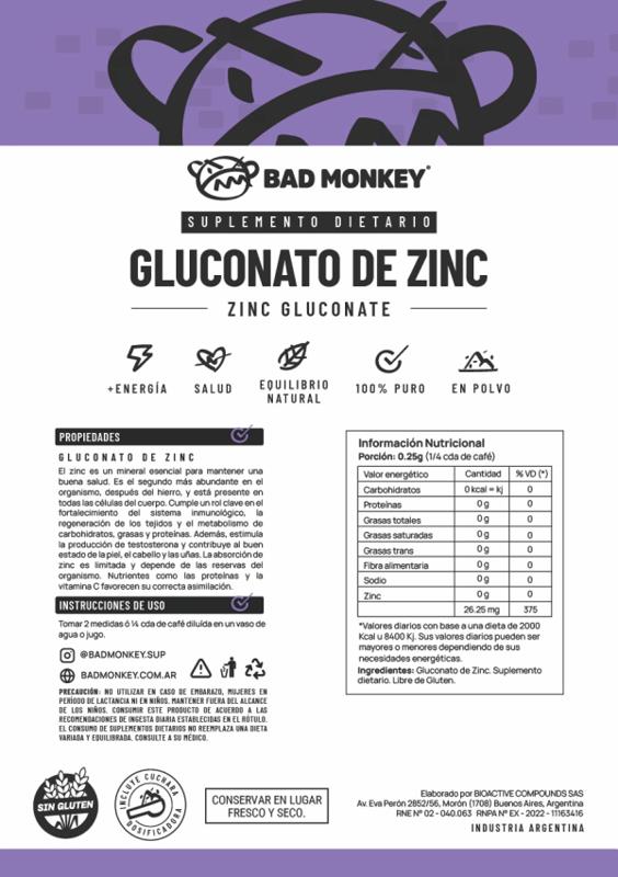 BAD MONKEY - GLUCONATO DE ZINC 100GR
